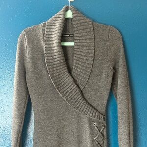 Shawl collar faux wrap knit long sleeved top tunic length